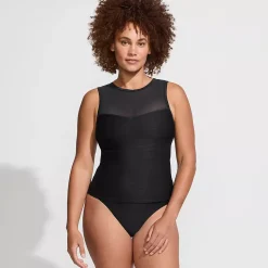 Women's Mesh Ribbed High Neck Tankini Top
