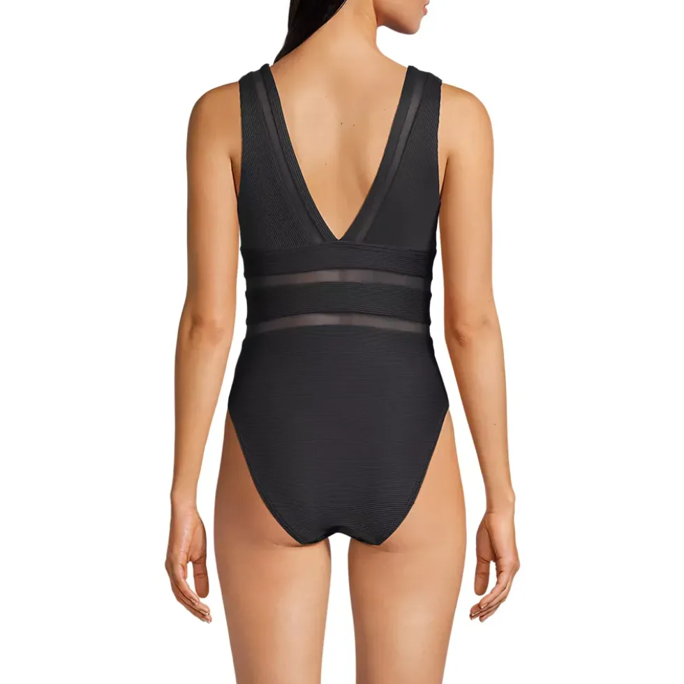 Women's Mesh Ribbed Plunge High Leg One Piece Swimsuit