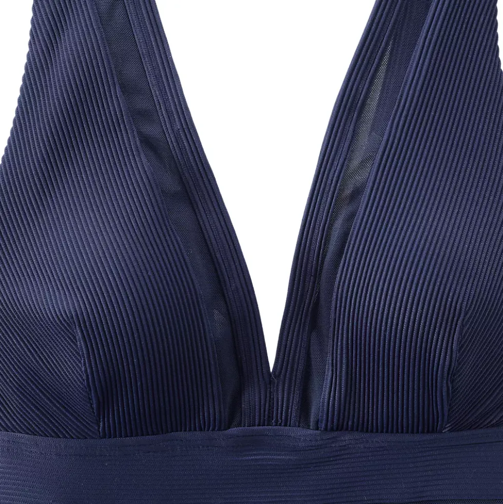 Women's Mesh Ribbed Plunge High Leg One Piece Swimsuit