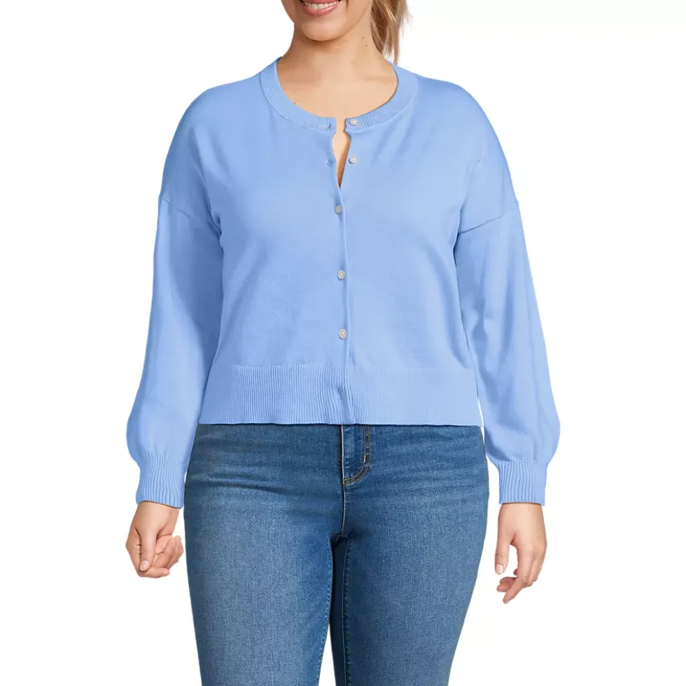 Women's Modern Length Fine Gauge Crew Neck Cardigan Sweater