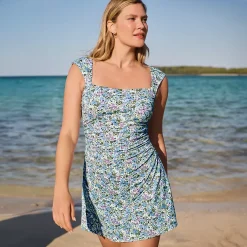 Women's NEW Smoothing Square Neck Ruched Swim Dress Swimsuit