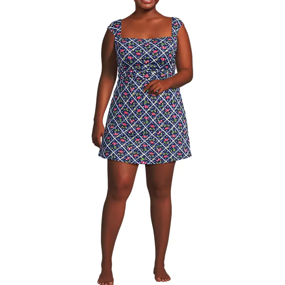 Women's NEW Smoothing Square Neck Ruched Swim Dress Swimsuit