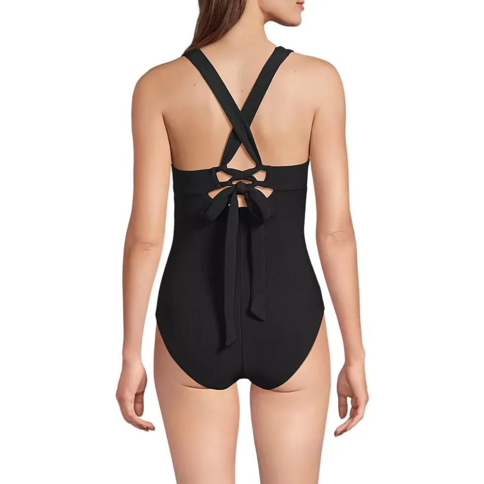 Womens Ottoman Rib Seamed Underwire Tie Back One Piece
