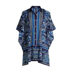 Women's Petite Cotton Poplin Button Down Kaftan Shirt Dress Swim Cover-up Print