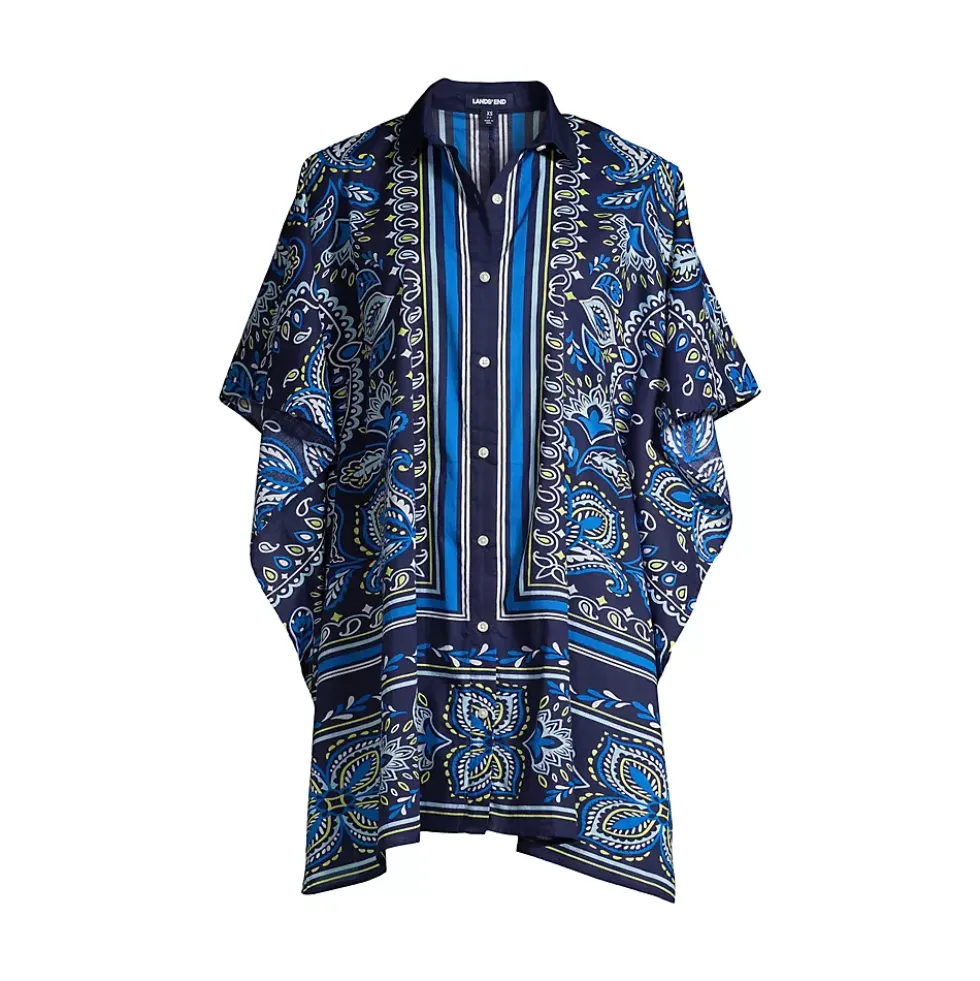 Women's Petite Cotton Poplin Button Down Kaftan Shirt Dress Swim Cover-up Print