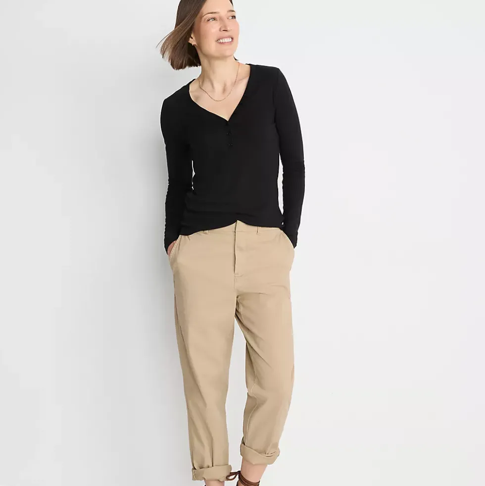Women's Petite Drapey Rib Skimming Long Sleeve Henley T-Shirt