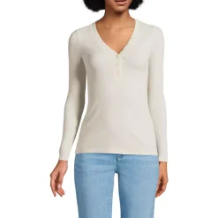Women's Petite Drapey Rib Skimming Long Sleeve Henley T-Shirt