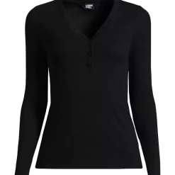 Women's Petite Drapey Rib Skimming Long Sleeve Henley T-Shirt
