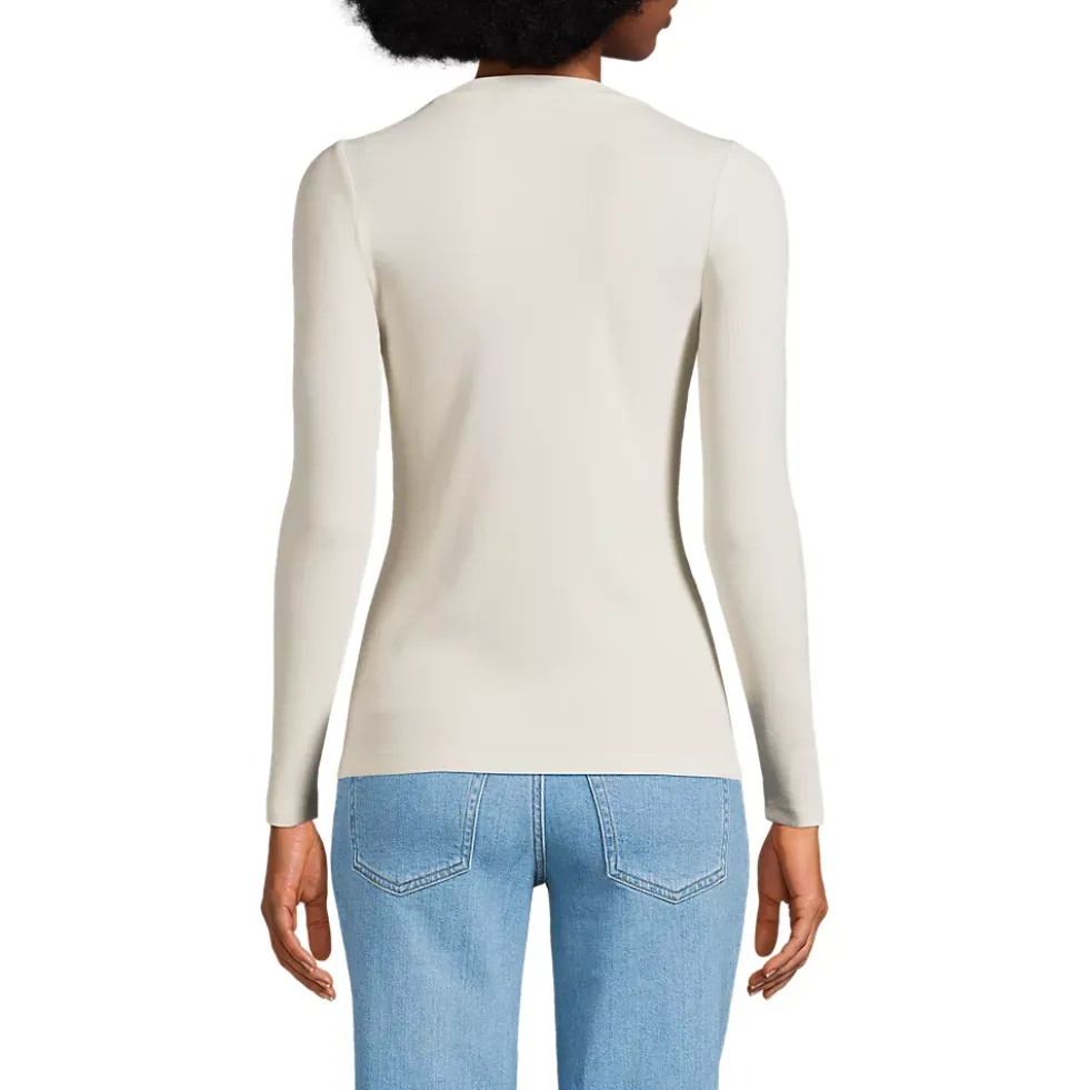 Women's Petite Drapey Rib Skimming Long Sleeve Henley T-Shirt