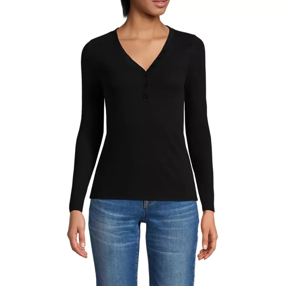 Women's Petite Drapey Rib Skimming Long Sleeve Henley T-Shirt
