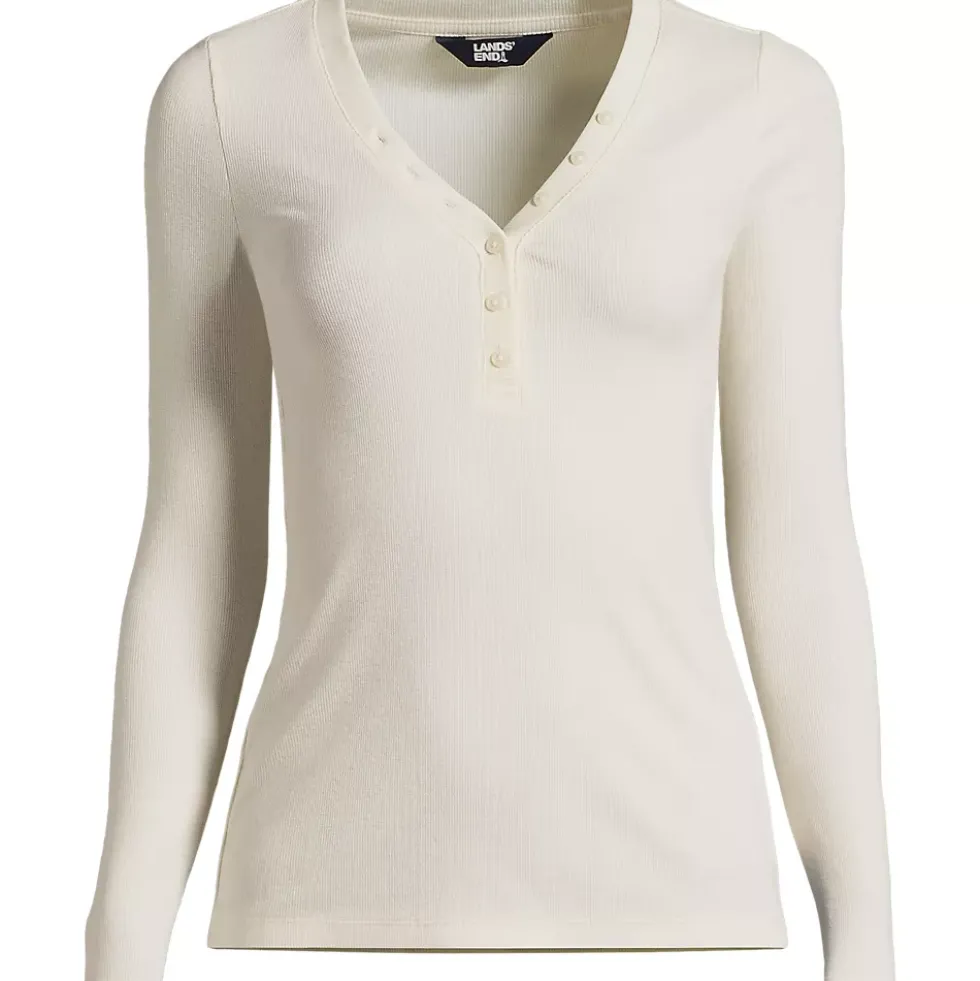 Women's Petite Drapey Rib Skimming Long Sleeve Henley T-Shirt