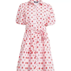 Women's Petite Elbow Sleeve Eyelet Knee Length Shirt Dress