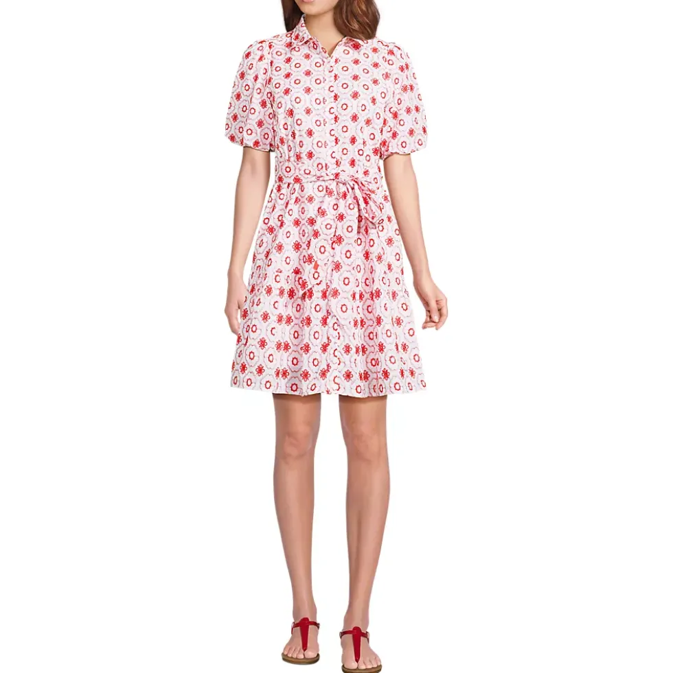 Women's Petite Elbow Sleeve Eyelet Knee Length Shirt Dress