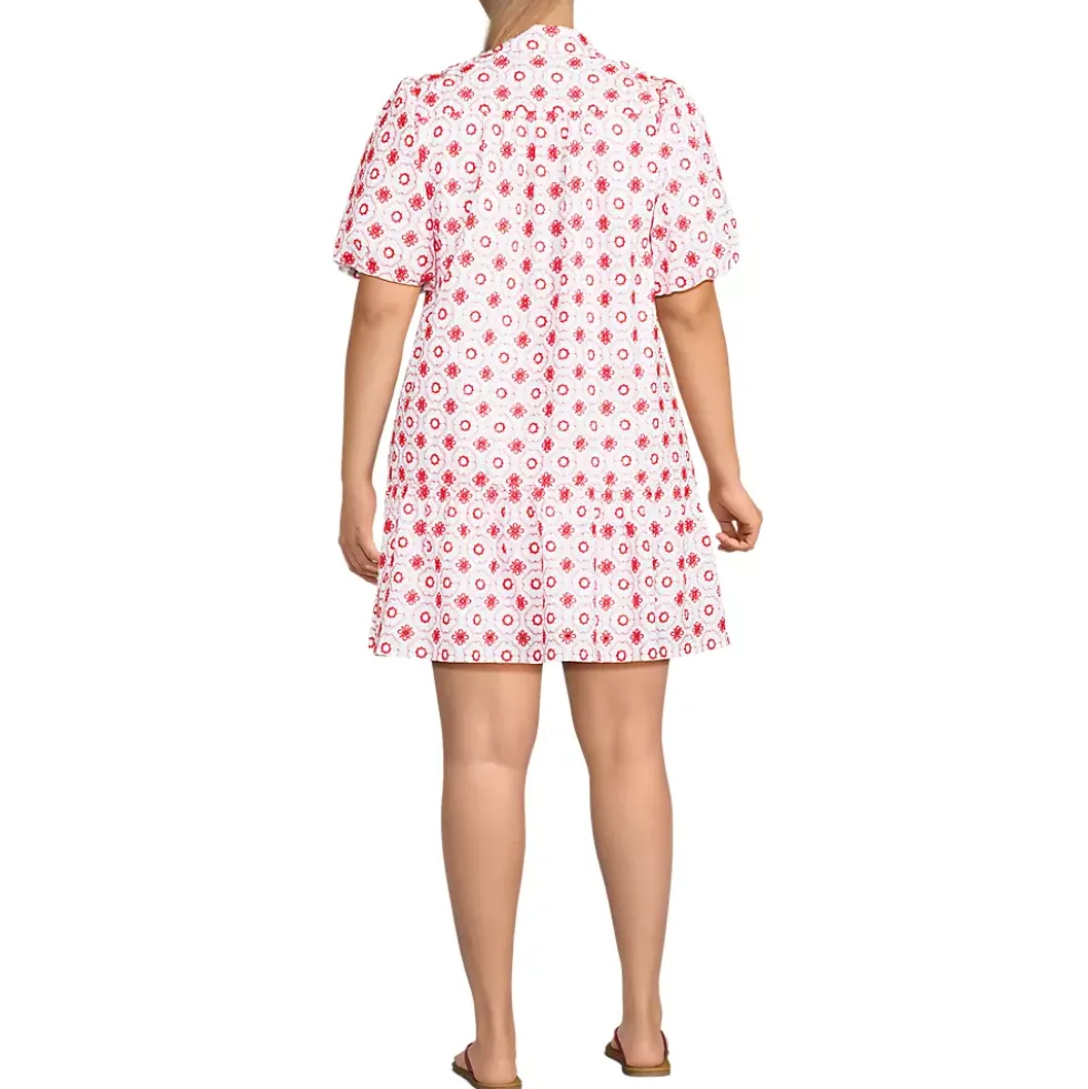 Women's Petite Elbow Sleeve Eyelet Knee Length Shirt Dress