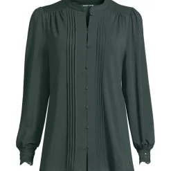 Women's Petite Lightweight Jersey Long Sleeve Button Front Pintuck Top