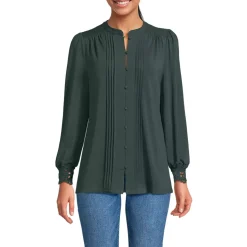 Women's Petite Lightweight Jersey Long Sleeve Button Front Pintuck Top