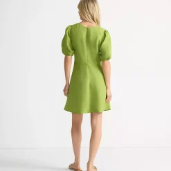 Women's Petite Linen Above the Knee Puff Sleeve Dress