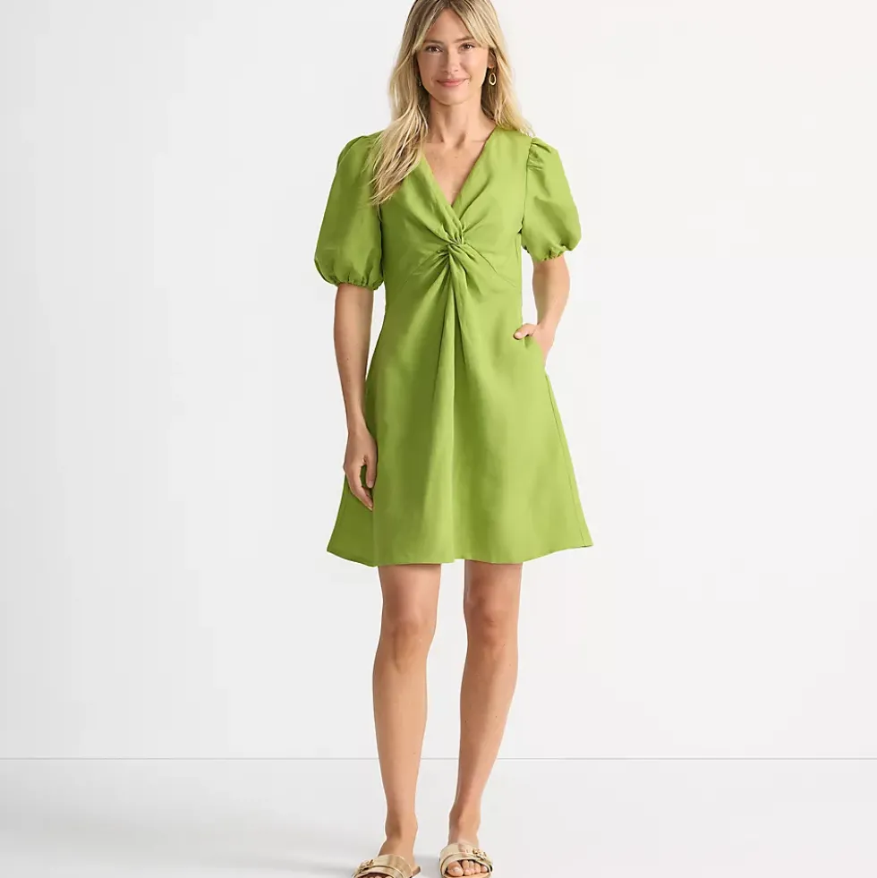 Women's Petite Linen Above the Knee Puff Sleeve Dress