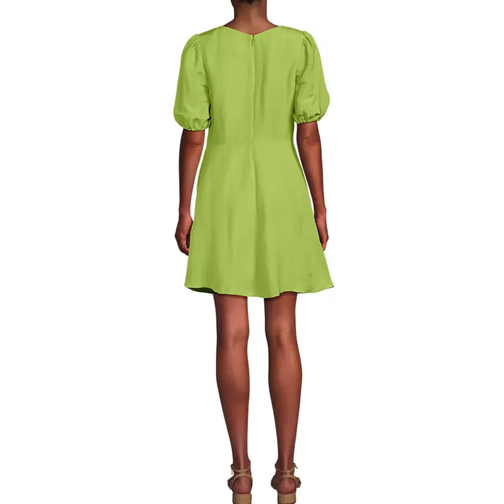 Women's Petite Linen Above the Knee Puff Sleeve Dress