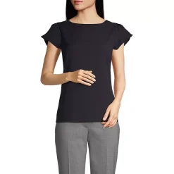 Women's Petite Short Sleeve Crepe Tulip Sleeve Blouse