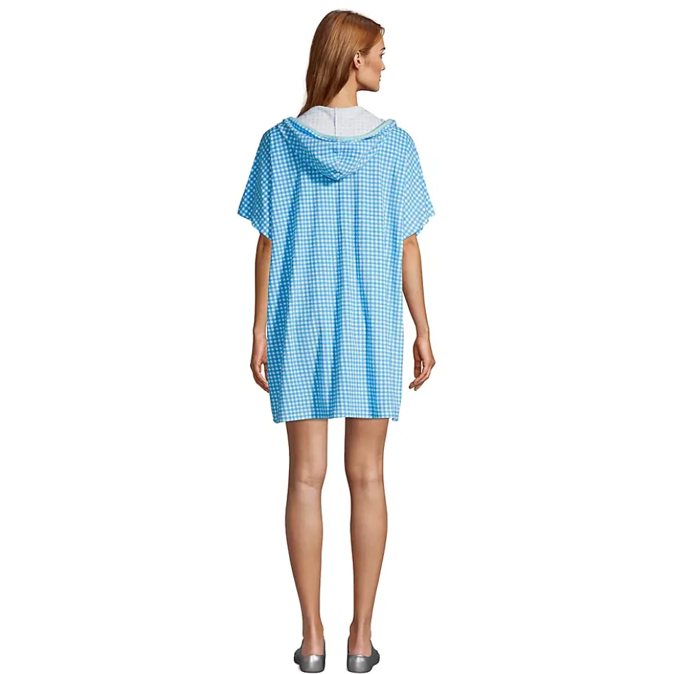Women's Petite Terry V-neck Short Sleeve Hooded Swim Cover-up Dress with Pocket