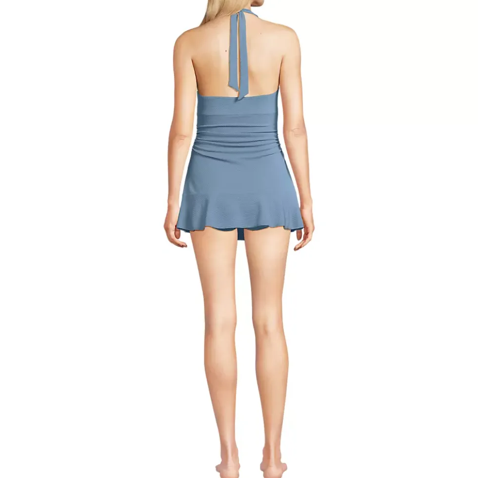 Women's Pique Halter Ruffle Hem Mini Swim Dress Swimsuit