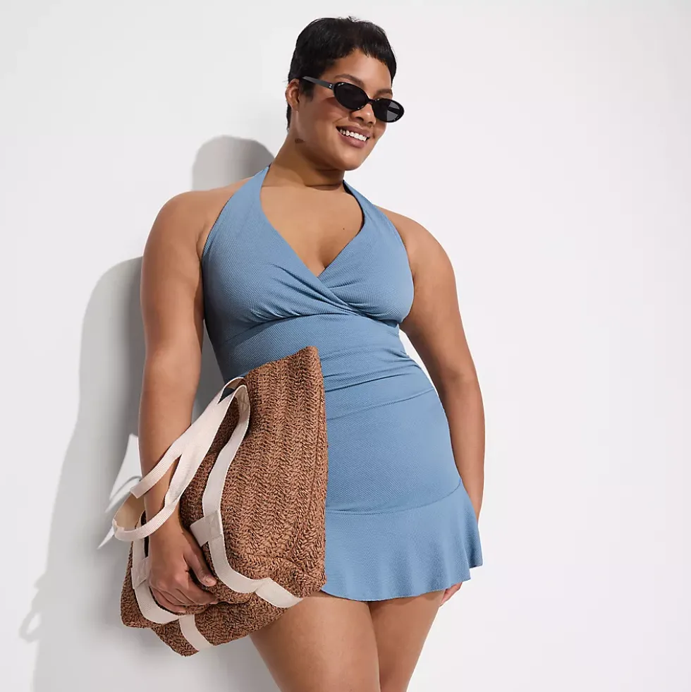 Women's Pique Halter Ruffle Hem Mini Swim Dress Swimsuit
