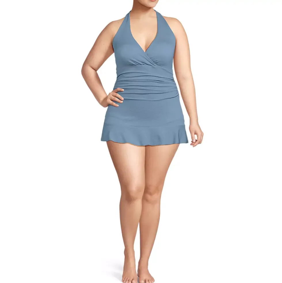 Women's Pique Halter Ruffle Hem Mini Swim Dress Swimsuit