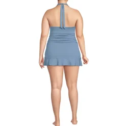 Women's Pique Halter Ruffle Hem Mini Swim Dress Swimsuit