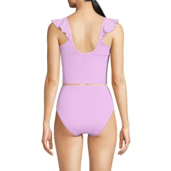 Women's Pique Ruffle Midkini Top and High Waisted Bottom Swimsuit Set