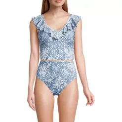 Women's Pique Ruffle Midkini Top and High Waisted Bottom Swimsuit Set