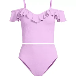 Women's Pique Ruffle Midkini Top and High Waisted Bottom Swimsuit Set