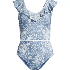 Women's Pique Ruffle Midkini Top and High Waisted Bottom Swimsuit Set