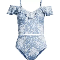 Women's Pique Ruffle Midkini Top and High Waisted Bottom Swimsuit Set