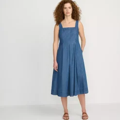 Women's Pleated Square Neck Light Weight Denim Midi Dress