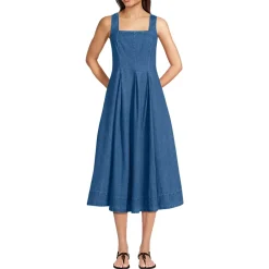 Women's Pleated Square Neck Light Weight Denim Midi Dress