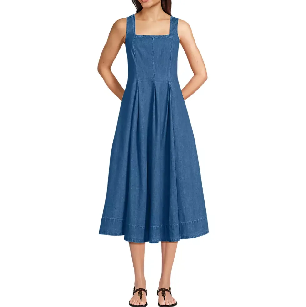 Women's Pleated Square Neck Light Weight Denim Midi Dress