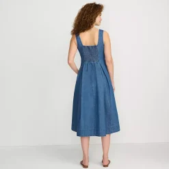 Women's Pleated Square Neck Light Weight Denim Midi Dress