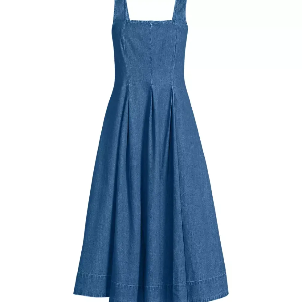 Women's Pleated Square Neck Light Weight Denim Midi Dress
