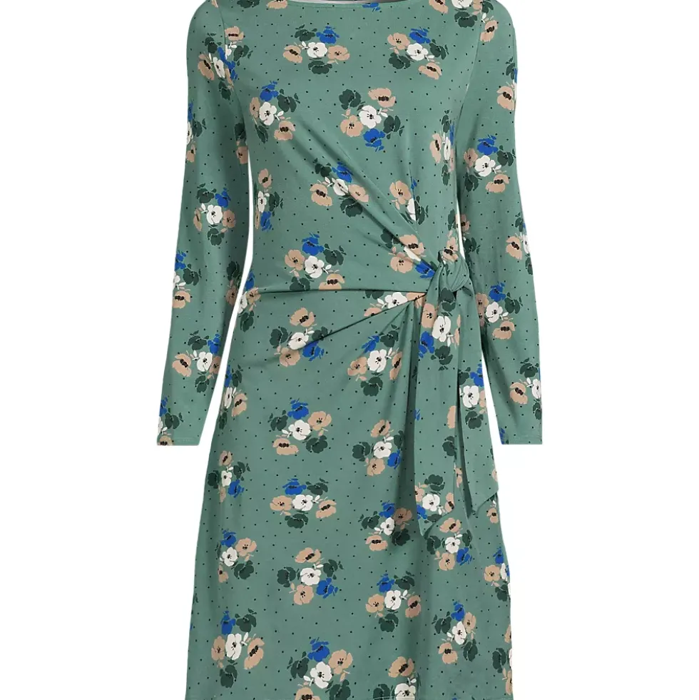 Women's Plus Size Boatneck Long Sleeve Tie Waist Dress