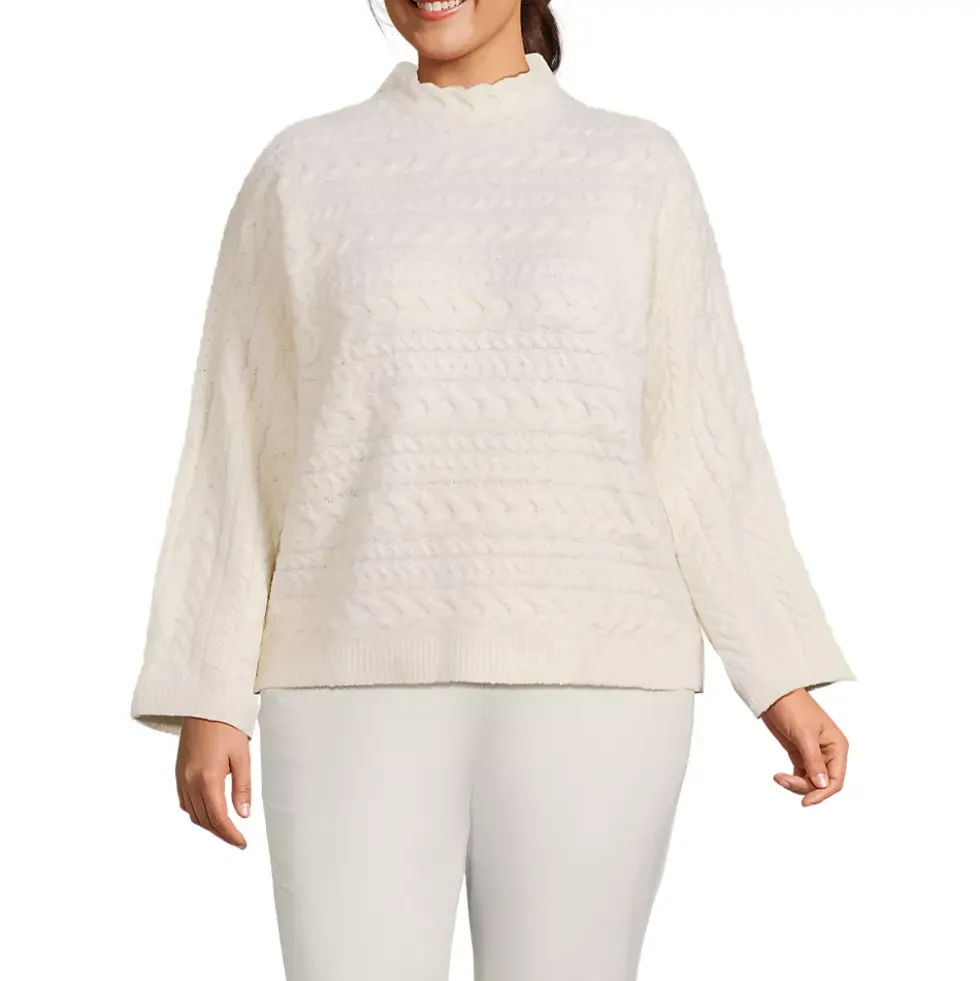 Women's Plus Size Boucle Funnel Neck All Over Cable Sweater