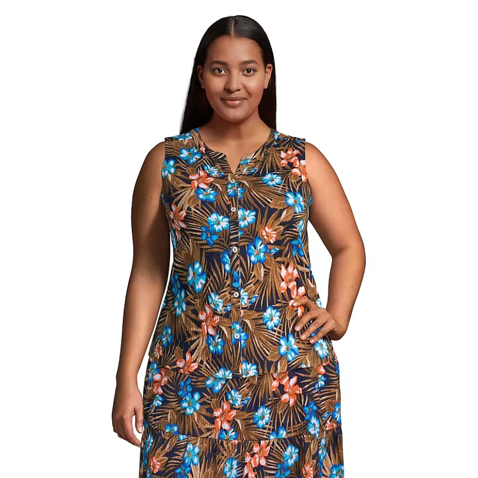 Women's Plus Size Crinkle Knit Button Front Tank