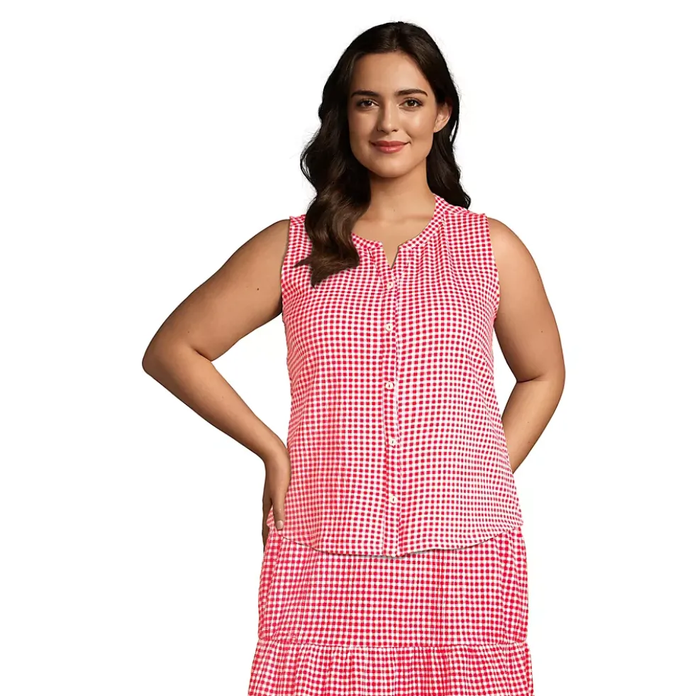 Women's Plus Size Crinkle Knit Button Front Tank
