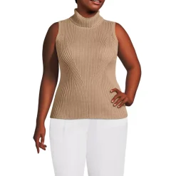 Women's Plus Size Fine Gauge Cotton Turtleneck Tank Sweater