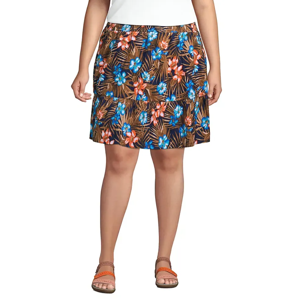 Women's Plus Size High Rise Pull On Elastic Waist Tiered Crinkle Knit Skirt