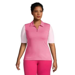 Women's Plus Size Moisture Wicking UPF Sun Elbow Sleeve Zip Front Polo Shirt