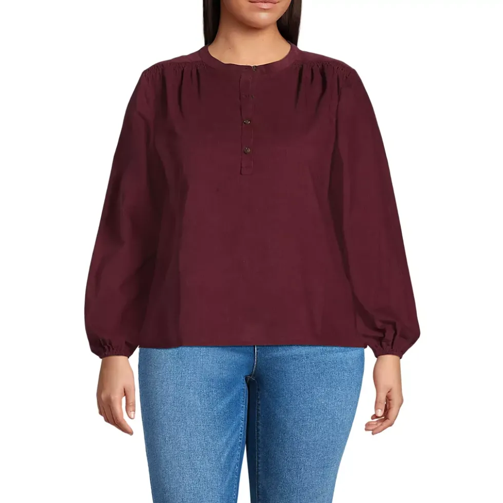 Women's Plus Size Pinwale Cord Smocked Popover Shirt