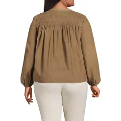 Women's Plus Size Pinwale Cord Smocked Popover Shirt