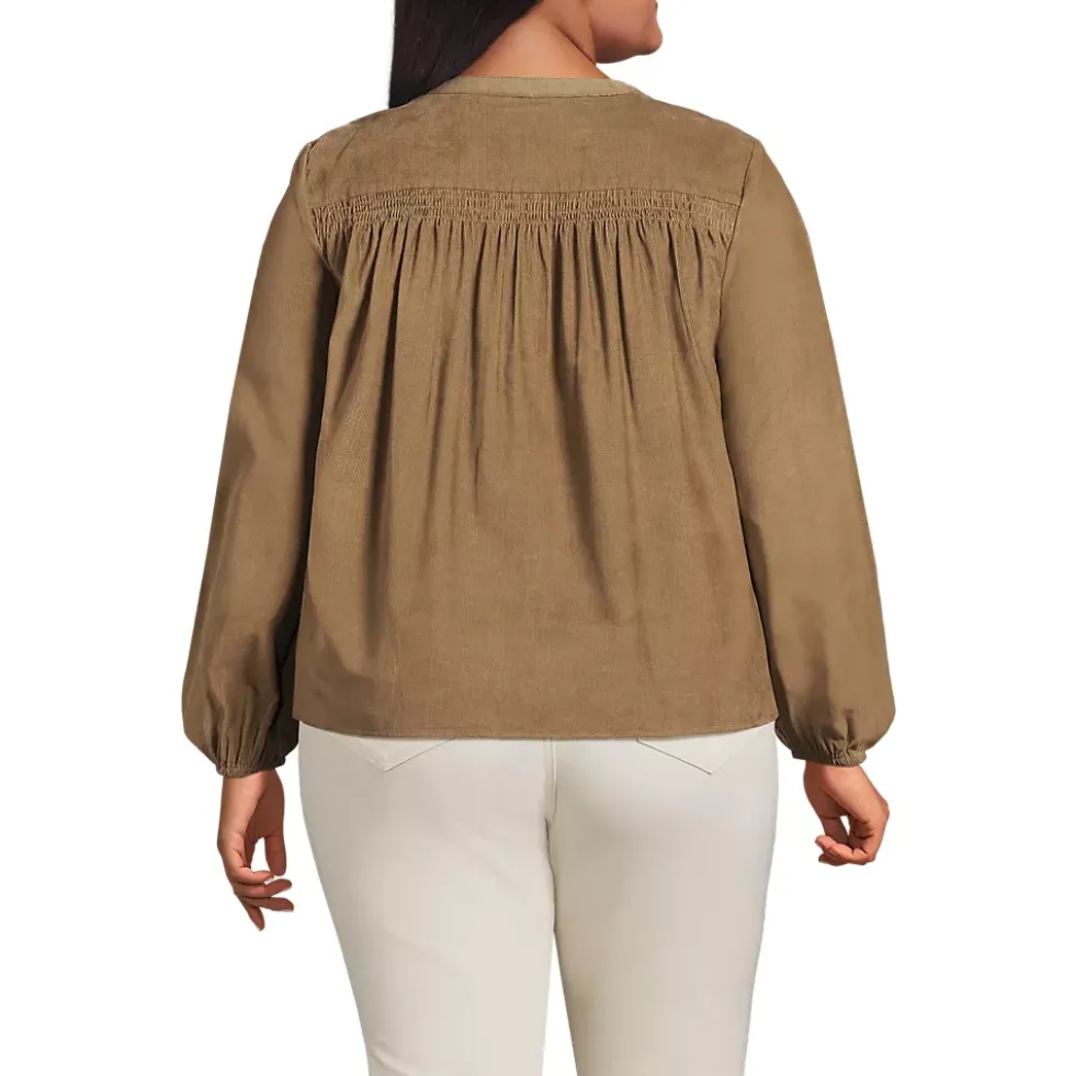 Women's Plus Size Pinwale Cord Smocked Popover Shirt
