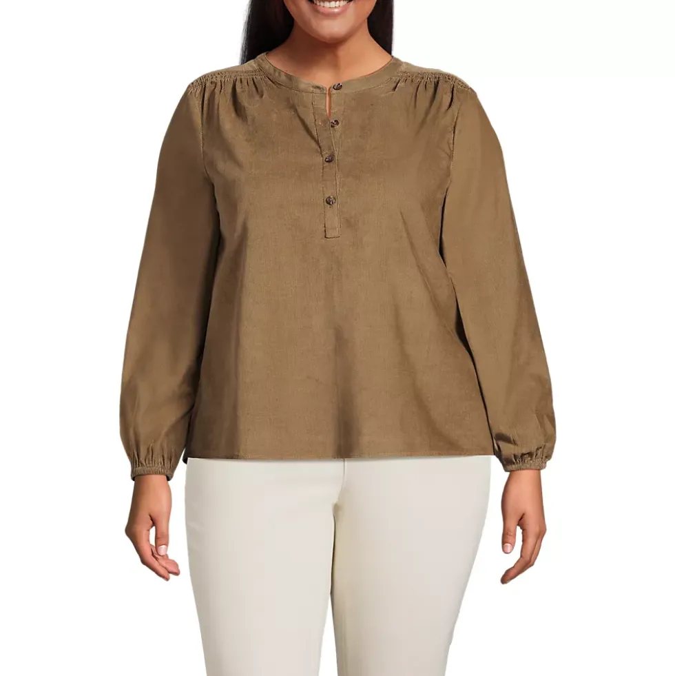 Women's Plus Size Pinwale Cord Smocked Popover Shirt